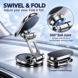 Magnetic Car Phone Holder, Foldable Zinc Alloy Dashboard Mount with 8 Magnets, 360° Swivel Head & Rotating Base, Adjustable Viewing Angle, Black or Silver