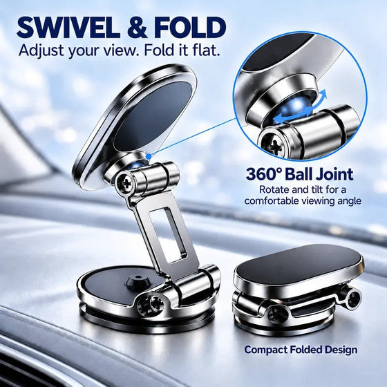 Magnetic Car Phone Holder, Foldable Zinc Alloy Dashboard Mount with 8 Magnets, 360° Swivel Head & Rotating Base, Adjustable Viewing Angle, Black or Silver