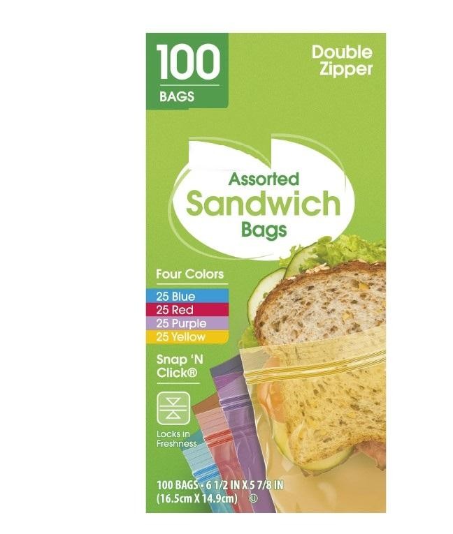 Double Zipper Sandwich Bags, Assorted Colors, 100 Count