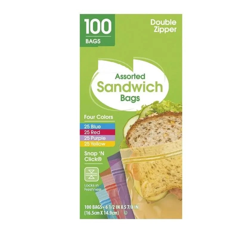 Double Zipper Sandwich Bags, Assorted Colors, 100 Count